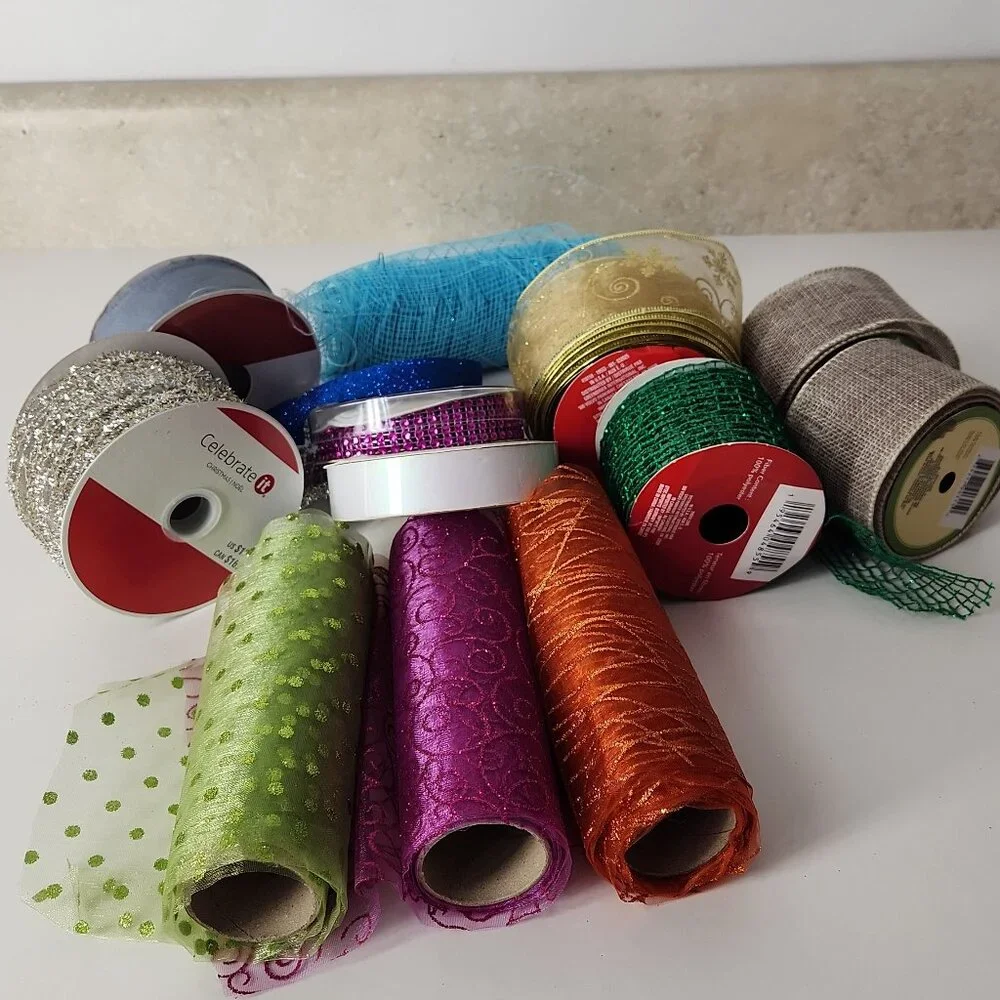 Set crafting supplies metallic deco mesh ribbons for wreath holiday decor lot